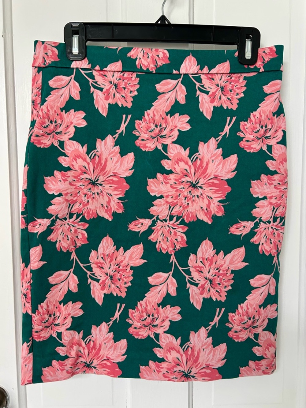 J. Crew Green Pencil Skirt with Pink Floral Print